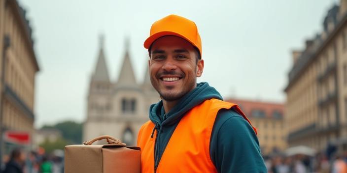 Livreur LivraisonExpress souriant avec un sac de livraison près d’un célèbre monument lyonnais